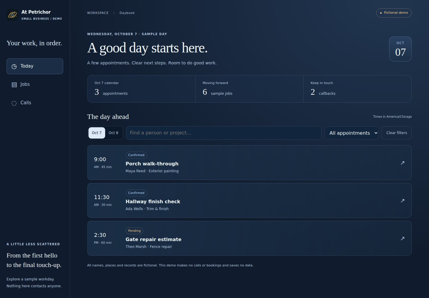 Fictional Job Board showing sample appointments, jobs and call follow-ups in a blue dashboard.