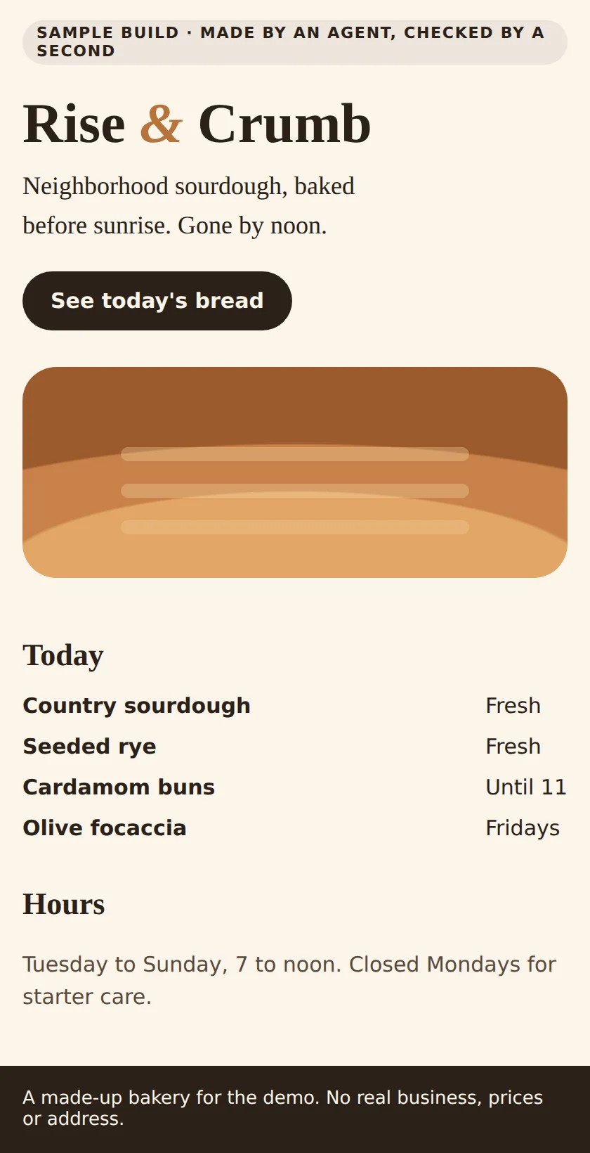 The sample bakery website on the board