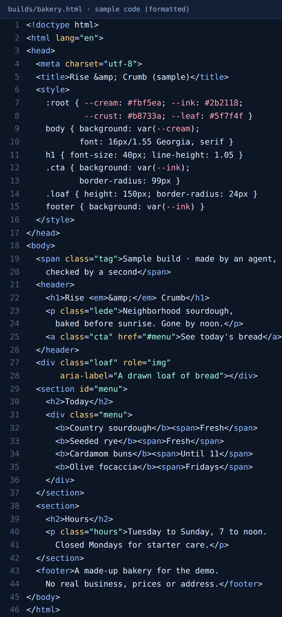 The sample bakery page's code on the board